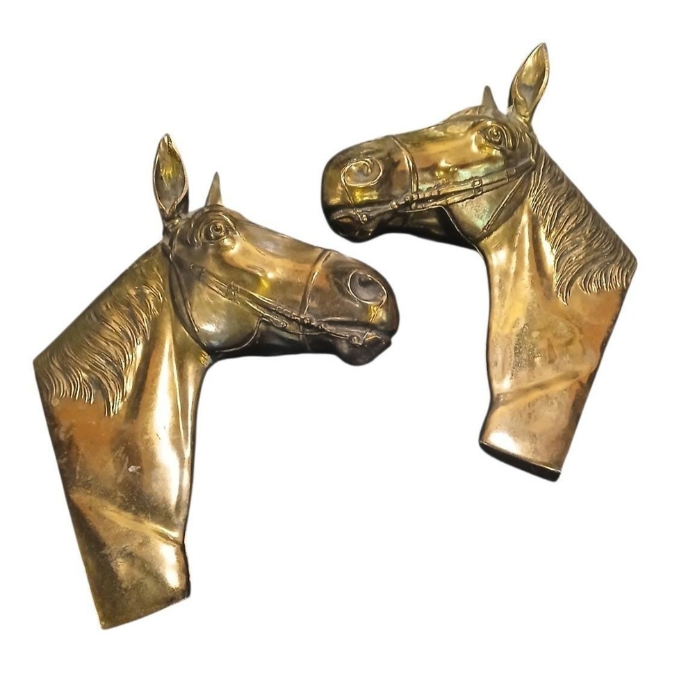 Vintage Brass Horse Head Wall Decor Pair MCM Equestrian Plaques 7040 7041 9.5"